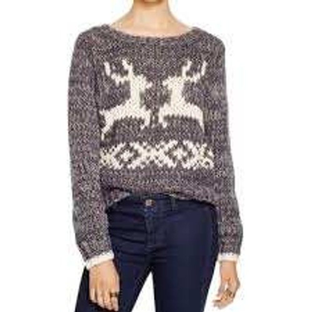 Free People Womens Grey Reindeer Intarsia Chunky Knit Sweater MEDIUM Gorpcore